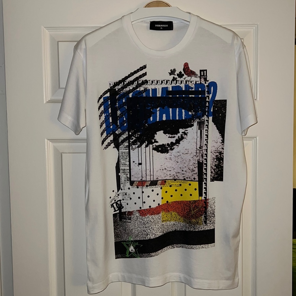 Pre-owned, in a good condition. DSQuared2 white with multi graphic t-shirt